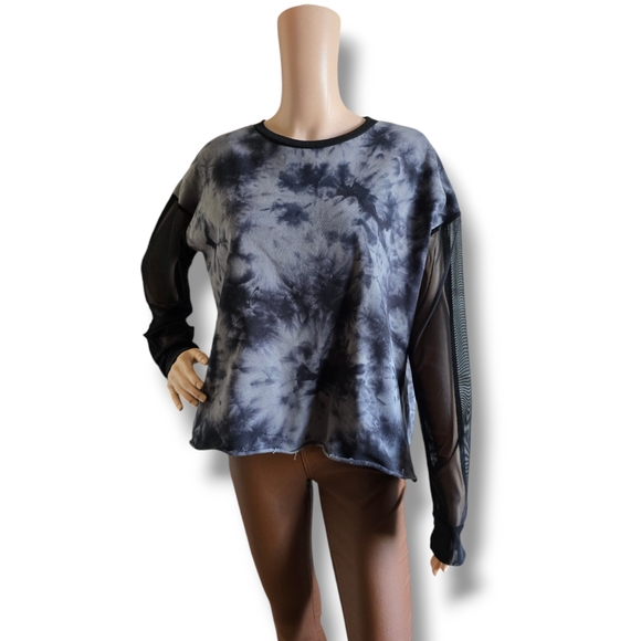 HOT TOPIC Ladies Gray & Black Mesh Sleeve Tie Dye Sweatshirt - Picture 4 of 16